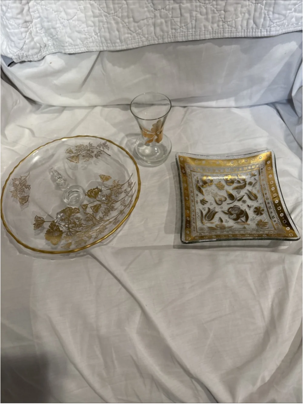 Vintage Glass Dish, Bud Vase & Caprice Footed Platter W/painted Gold 1065
